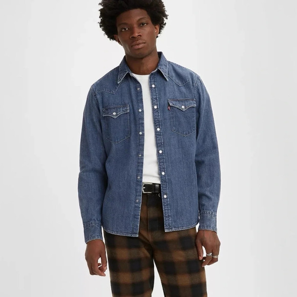 Levi’s Barstow Western Denim Men’s Long Sleeve Dark Blue Stonewash Medium Wash - Picture 1 of 9